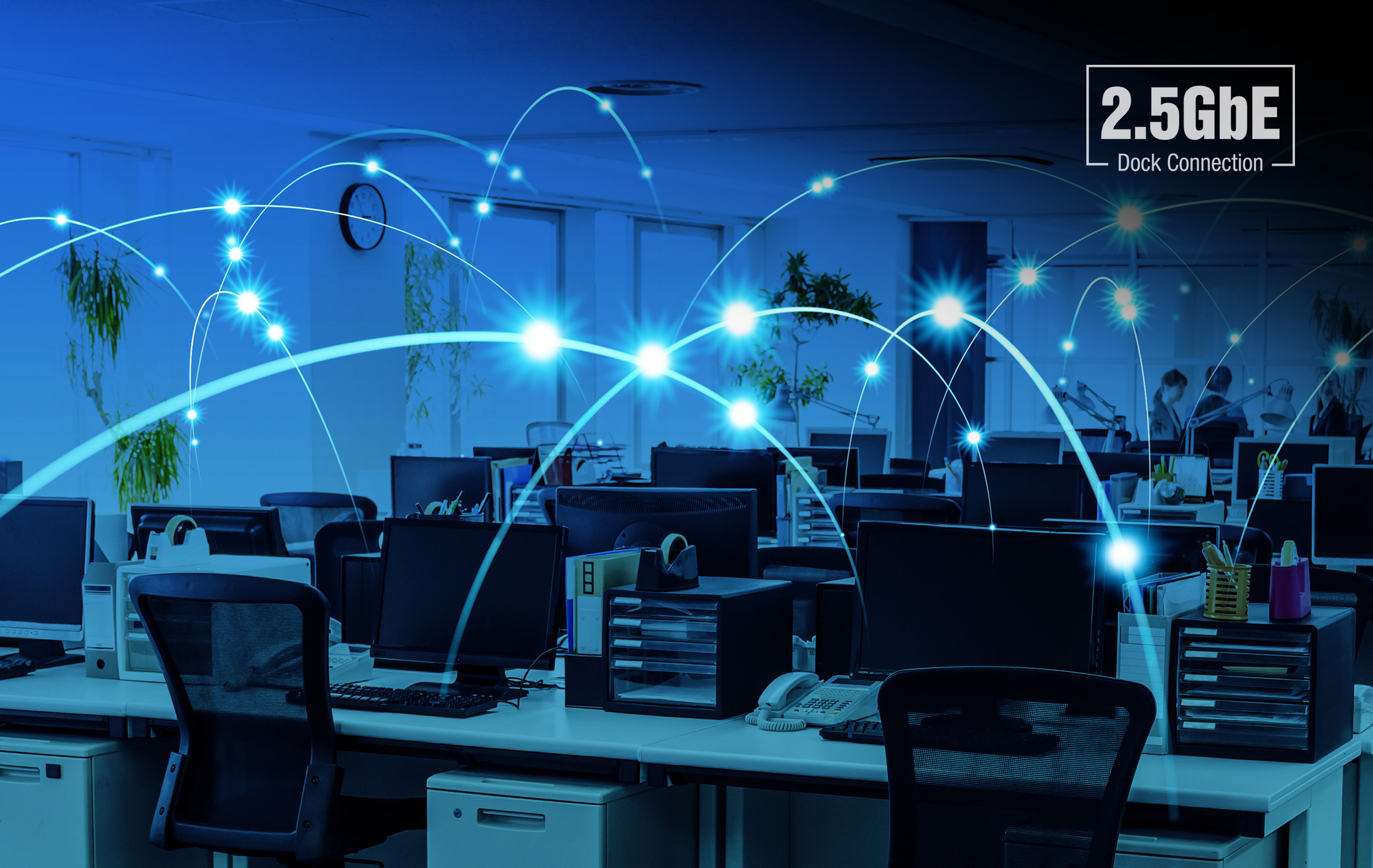 Office setting showing computers abstractly connected to an Ethernet network represented by arcing lines and glowing circles over each computer on the office desks. Sonnet 2.5GbE dock connection icon badge shown superimposed in the upper right corner of the photo.