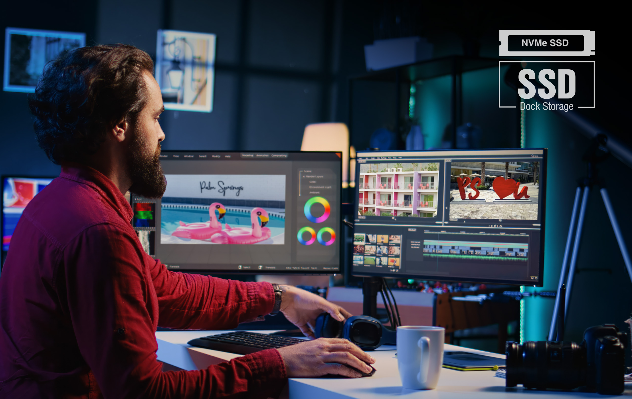 Male video editor working behind two displays in a modern office studio setting. Sonnet NVMe SSD dock storage icon badge shown superimposed in the upper right corner of the photo.