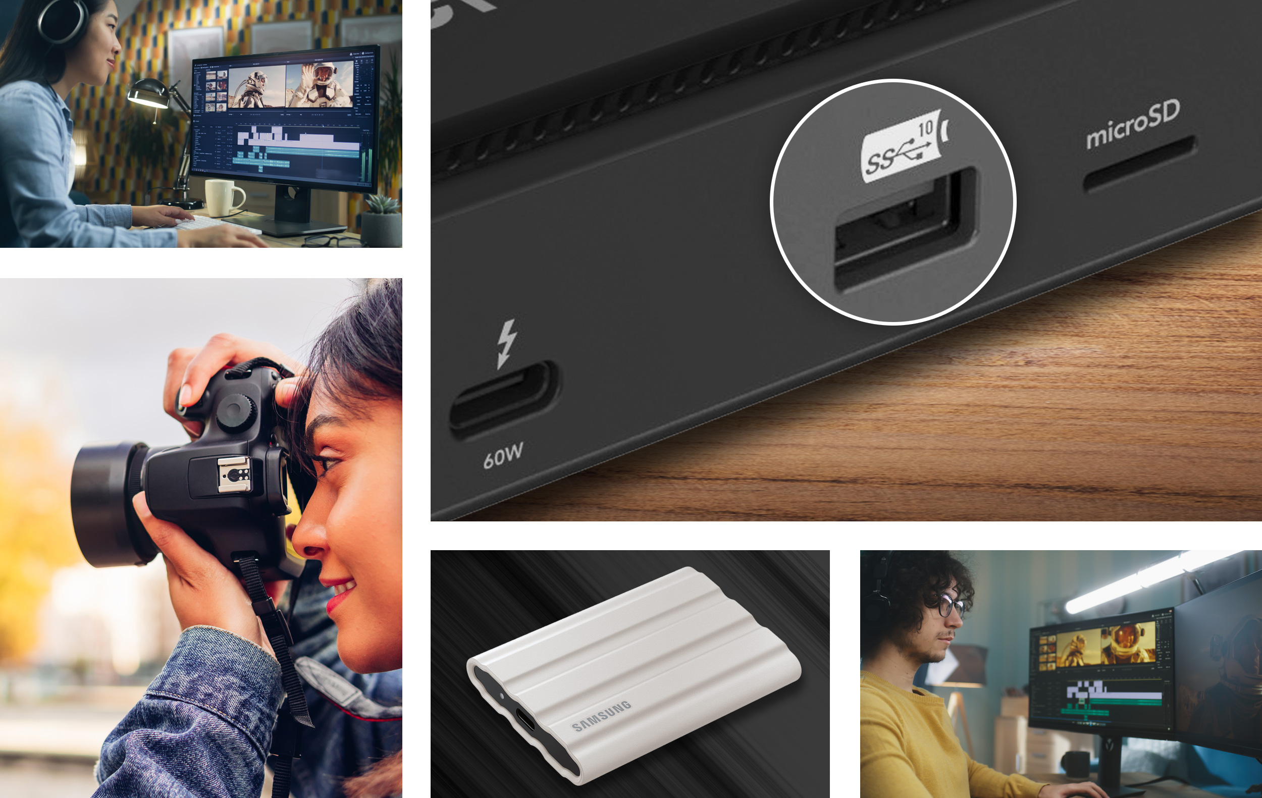 Photo collage showing an external USB NVMe SSD drive; the Echo 13 dock’s front panel bus-powered 10Gbps USB port; and creative professionals consisting of a female audio editor, a female photographer, and a male video editor.