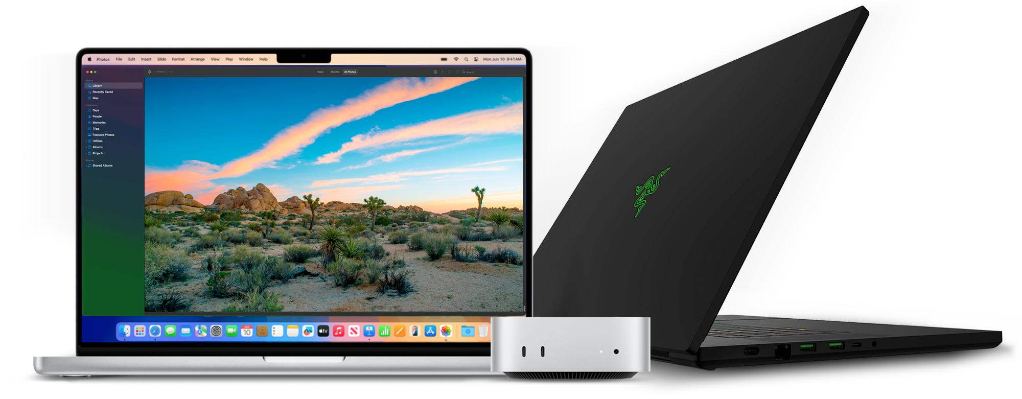 Group photo of Thunderbolt 5 computers. M4 MacBook Pro, M4 Mac mini, and Razer PC notebook.