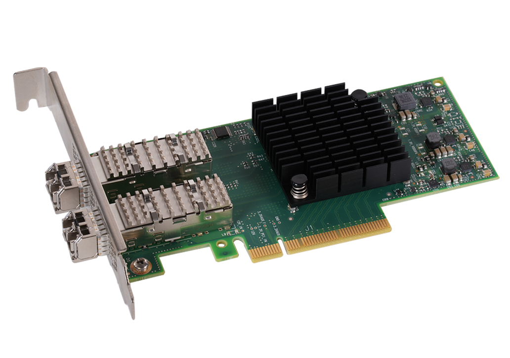 Twin10G SFP28 PCIe Card showing two installed SFP28 transceivers.