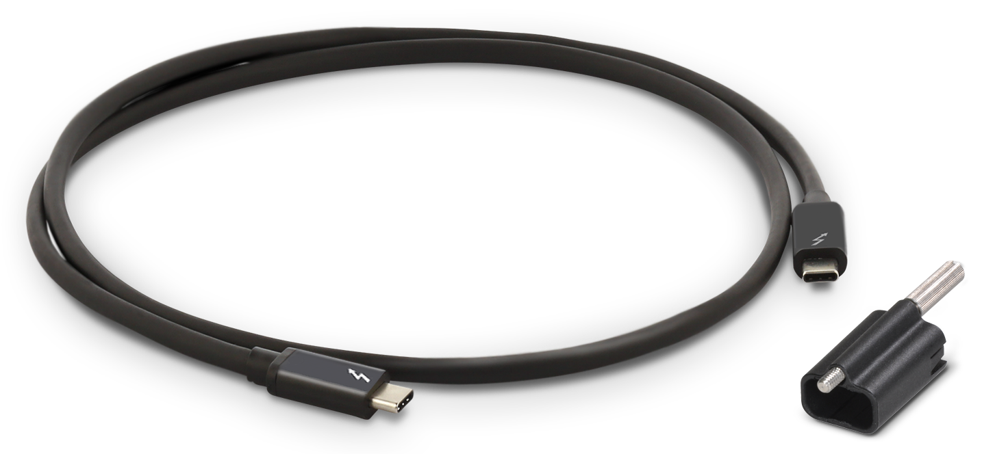 Sonnet Thunderbolt cable with ThunderLok sitting beside it.