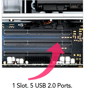 1 slot. 5 USB 2.0 ports.