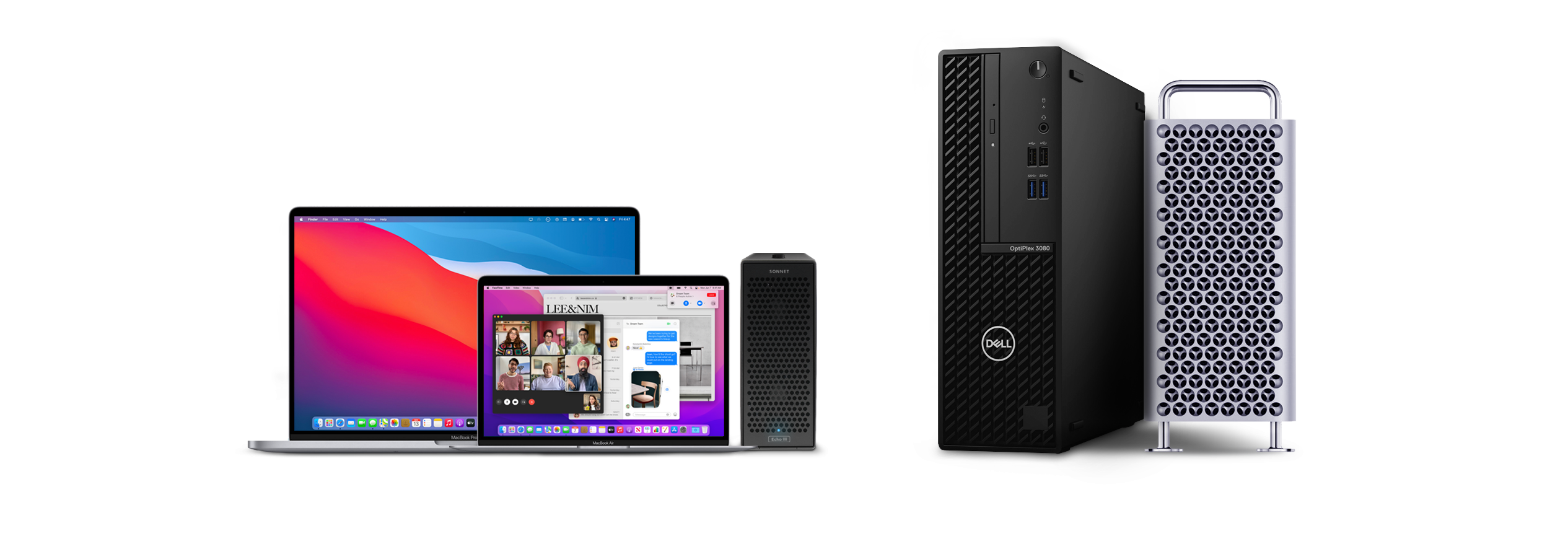 Group photo showing notebooks and computer towers with a Sonnet Echo III Thunderbolt Expansion System.