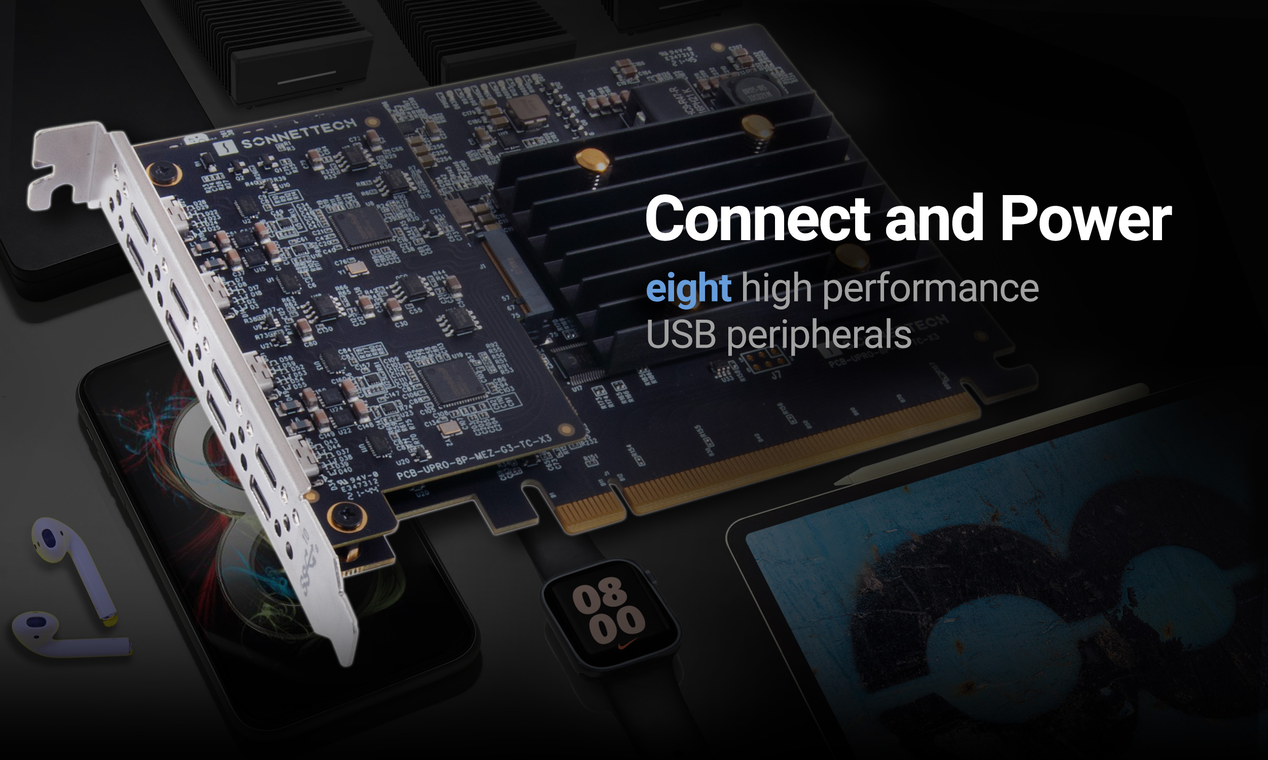 Hero shot of Sonnet Allegro Pro USB-C 8-port PCIe card with headline connect and power eight high performance USB peripherals.