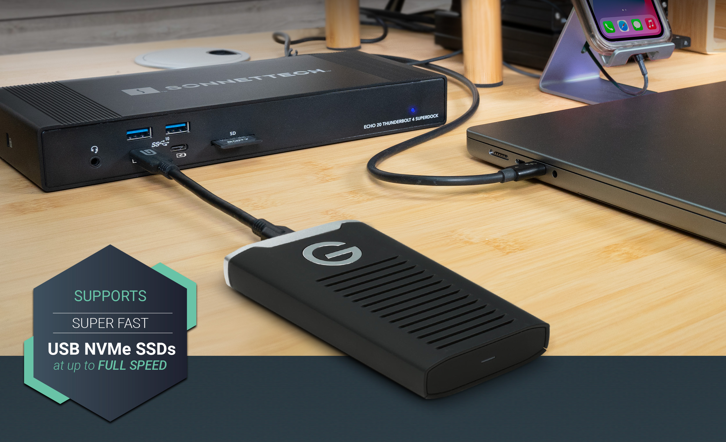 Echo 20 Thunderbolt 4 SuperDock Connected to MacBook Pro and External USB NVMe SSD Drive