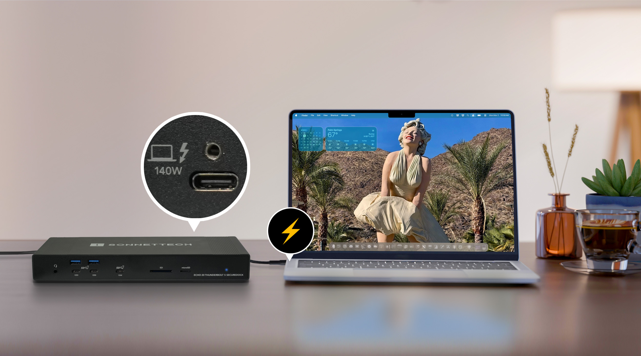 Echo 20 SecureDock connected to computer with emphasis on 140W Thunderbolt charging port.