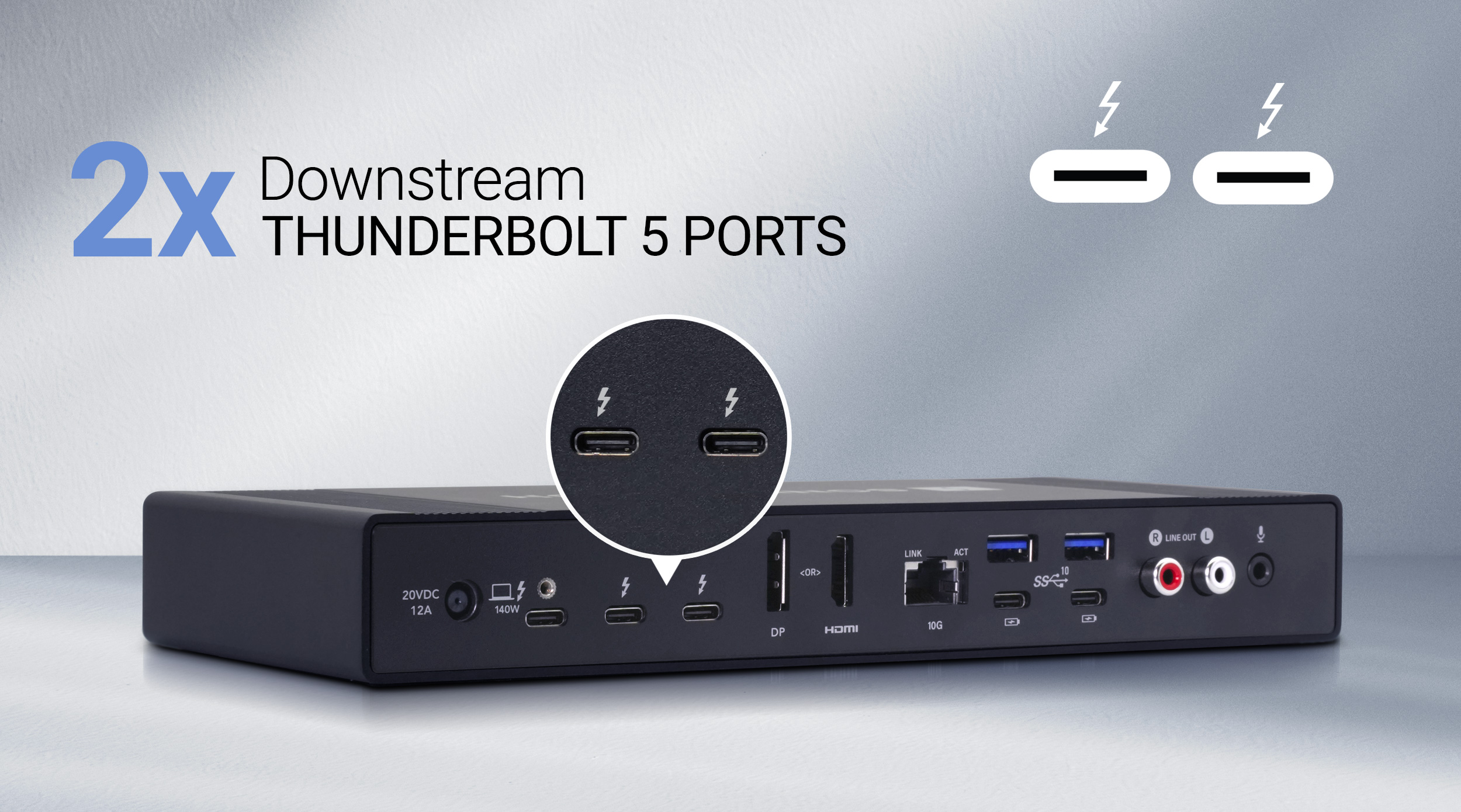Rear view of Echo 20 SecureDock with emphasis on Thunderbolt 5 ports.