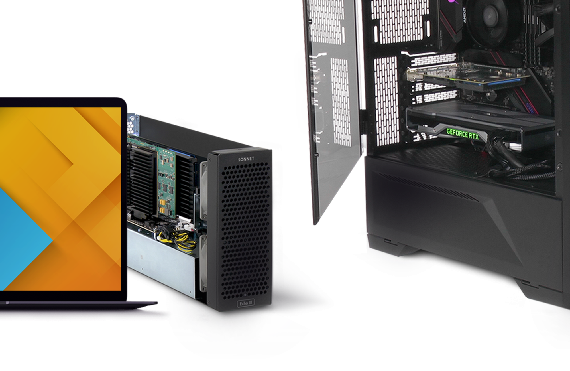 MacBook Pro with Echo III Desktop and PC Tower with McFiver PCIe Cards Installed