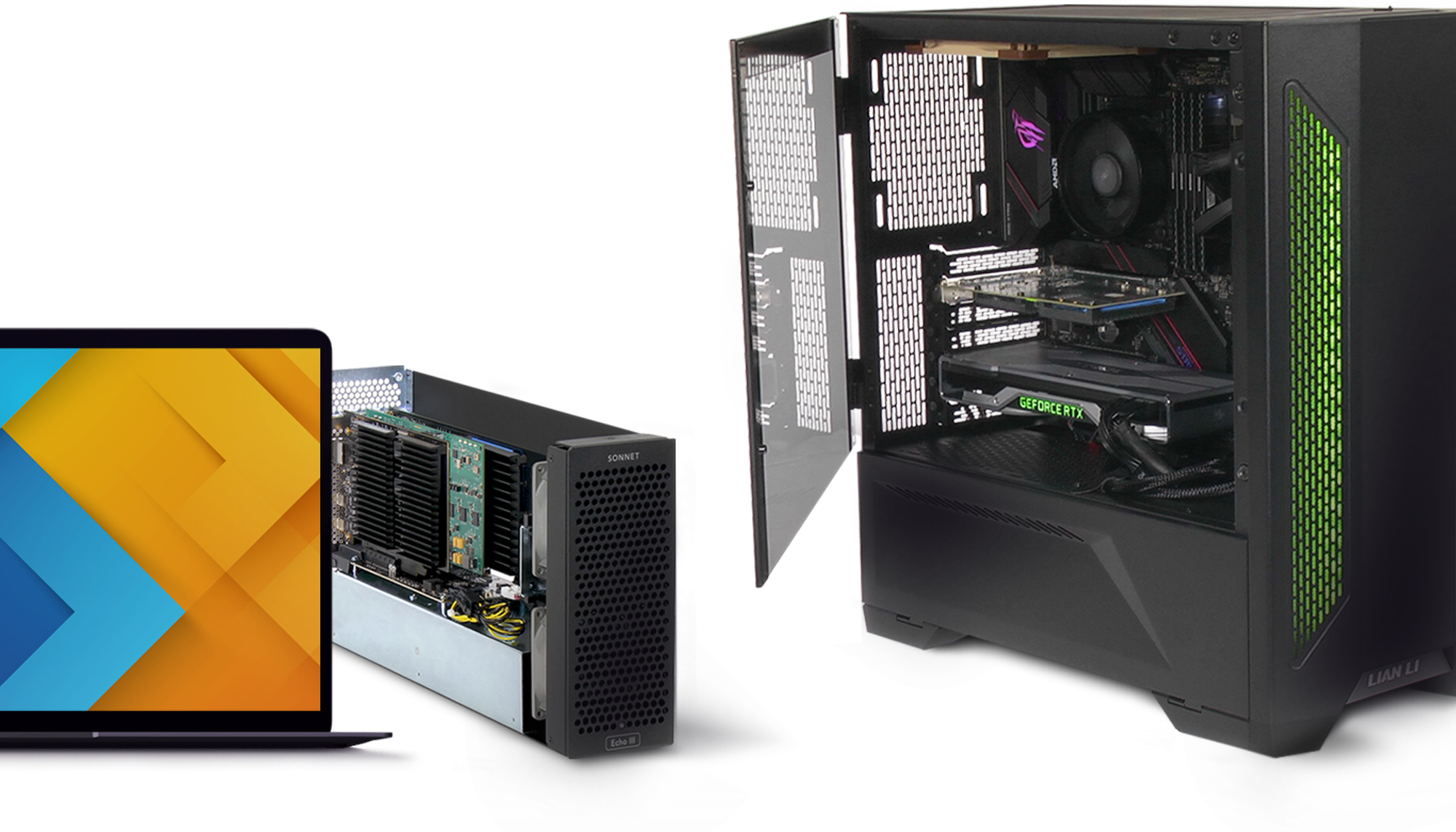 MacBook Pro with Echo III Desktop and PC Tower with McFiver PCIe Cards Installed