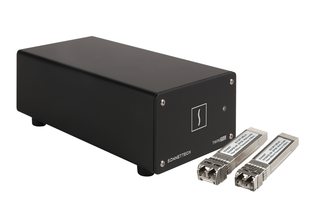 Twin25G Thunderbolt Adapter with SFP8 transceivers next to enclosure.