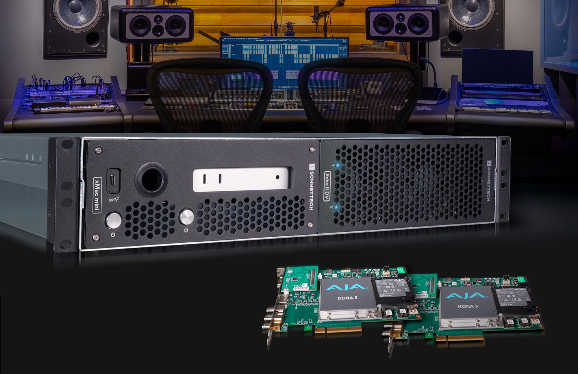 xMac mini front view with two AJA Kona cards laying next to enclosure and recording studio in background.