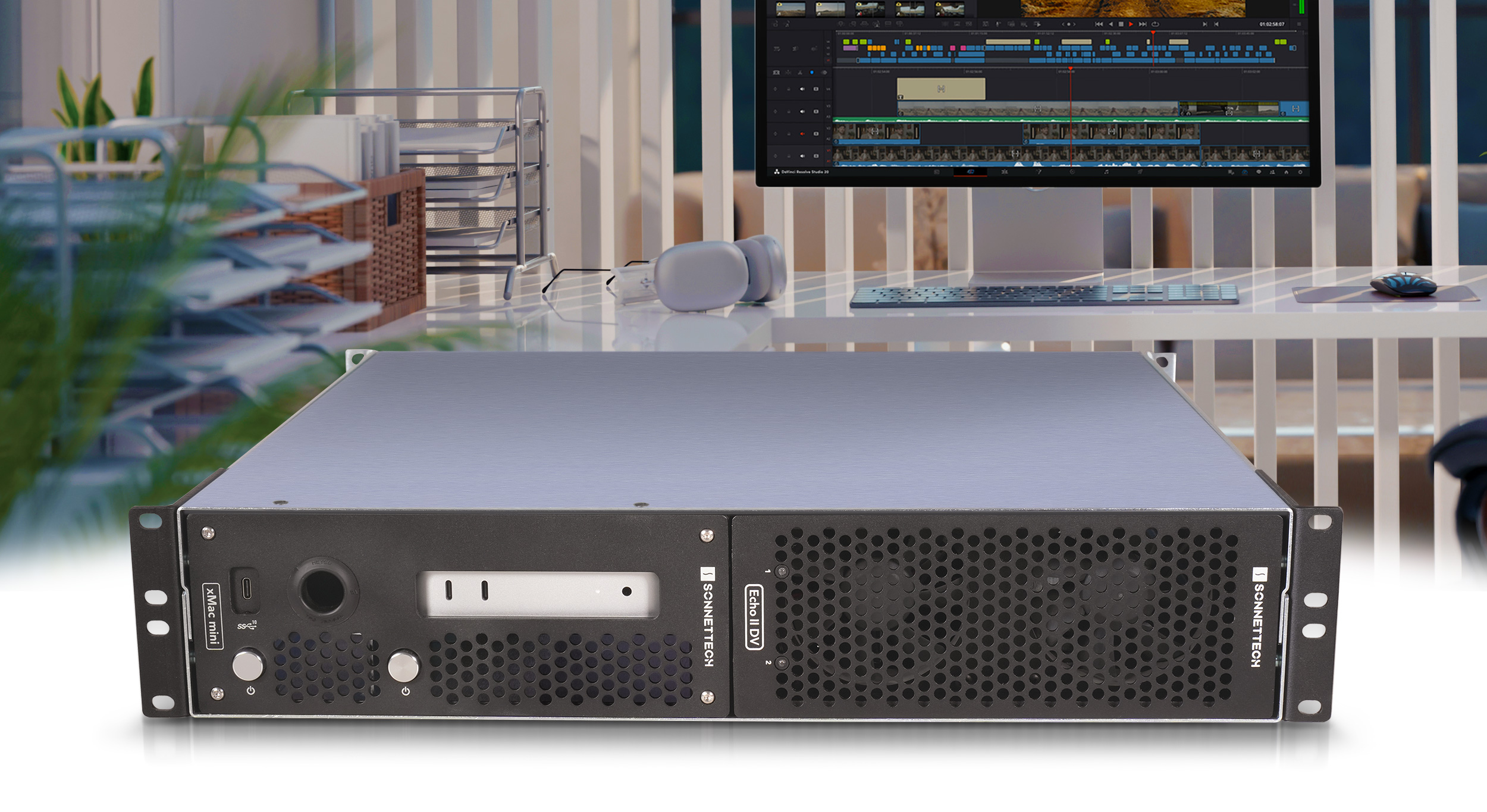 Front hero view of xMac Studio enclosure in a recording studio.