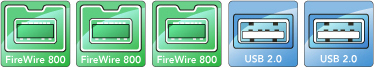 three FireWire 800 and two USB 2.0 connector port illustrations